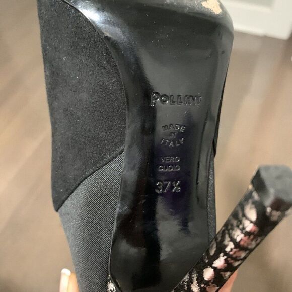 Pollini womens black silver Genuine Suede high heel bootie boots ankle 7.5 - Picture 8 of 8